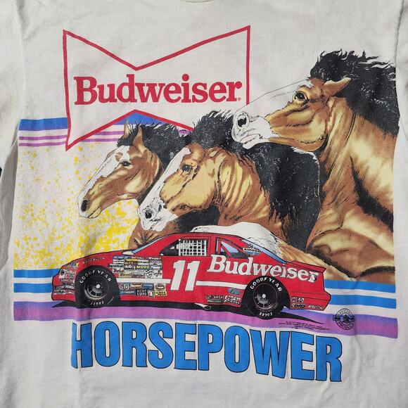 Vintage 1992 Bill Elliott Budweiser NASCAR Tee “Horsepower” XL USA Made 23x30 - Picture 4 of 10